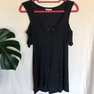 Naked Zebra - Flowy tank with split sleeves and cris cross tie front. High low